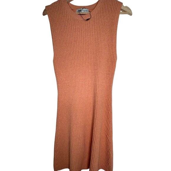 ZARA Orange Ribbed Sleeveless Knit Mini Dress Size L - Picture 1 of 9